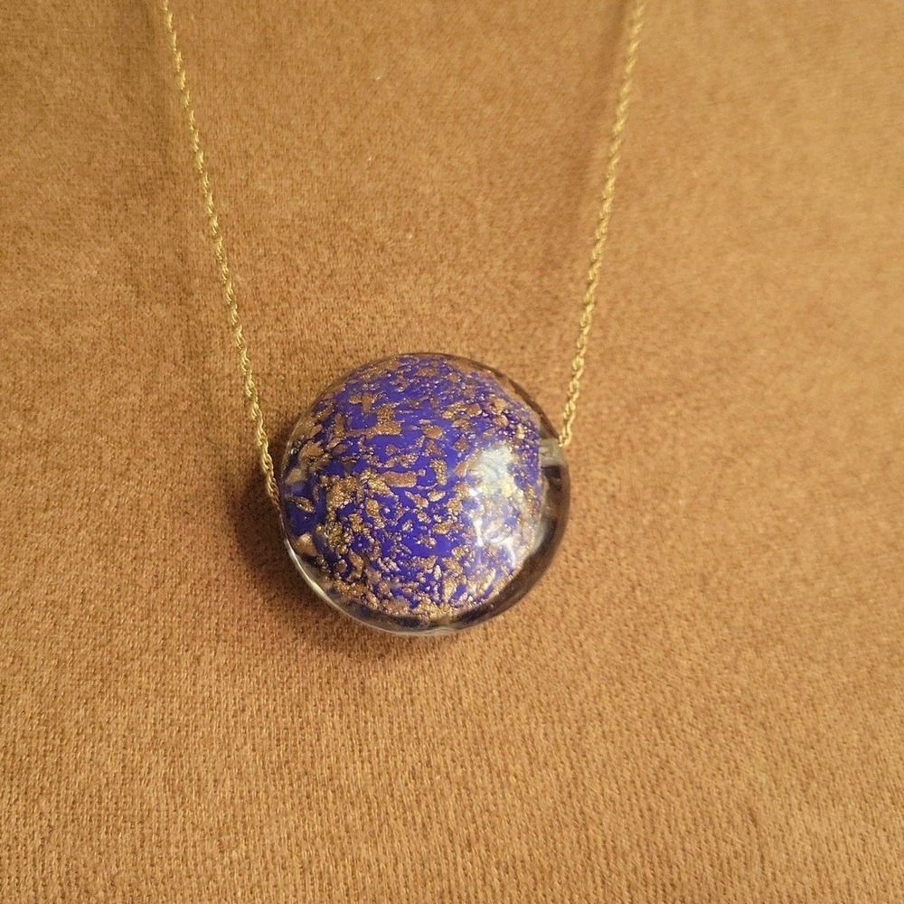 Blue Gold Murano Art Glass Pendant Necklace 18in 14k GF Chain Celestial